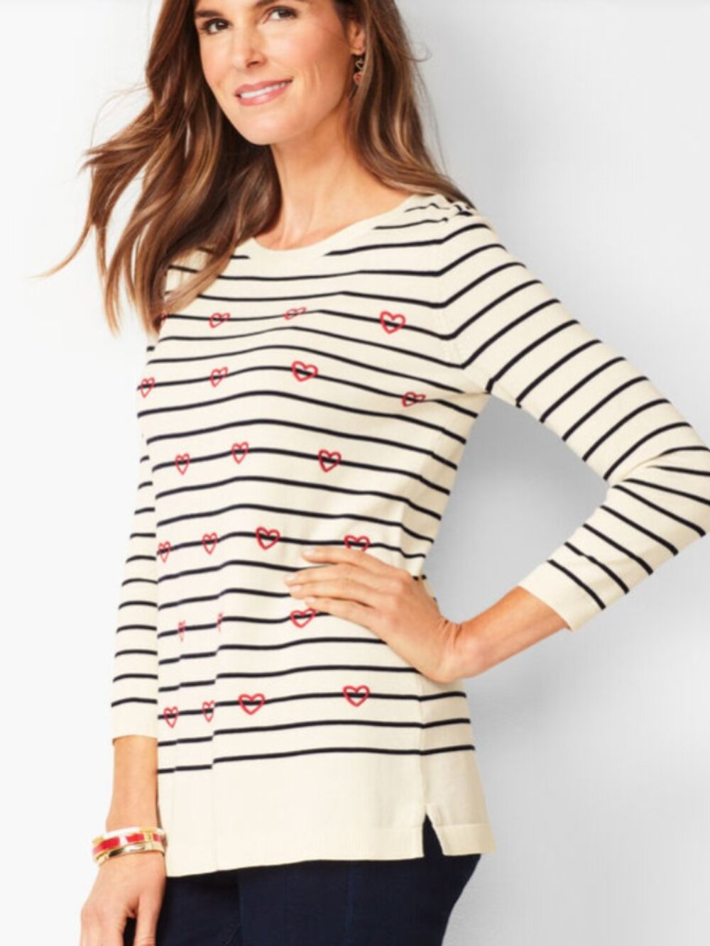 Talbots Hearts & Stripes Crewneck Sweater Novelty Festive Embroidered Preppy XL